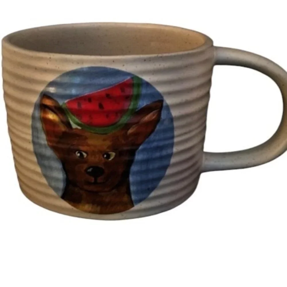 NWOT West Elm Whimsical Ceramic Dog w/Watermelon Mug - 16 oz